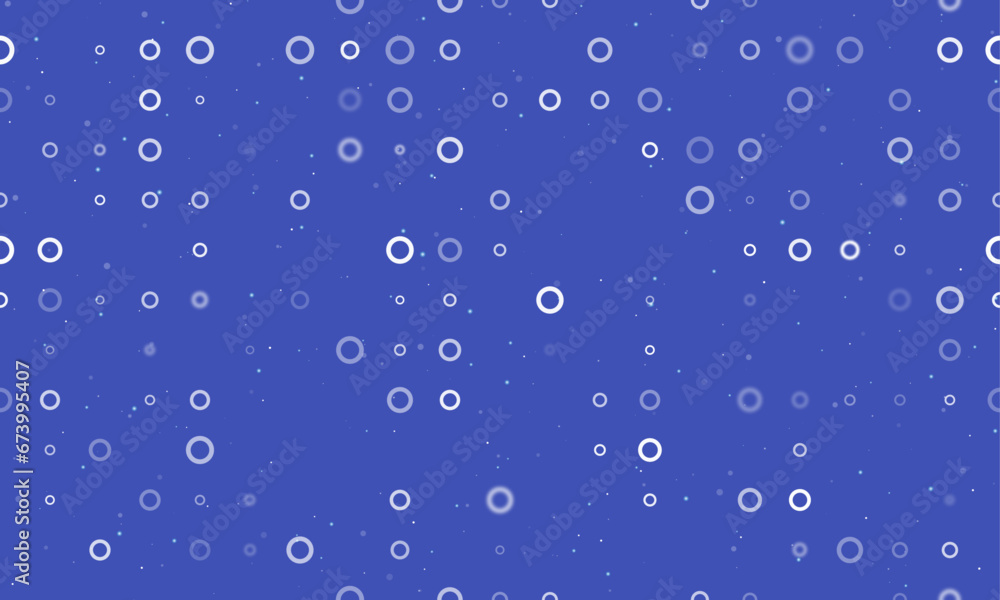 Seamless background pattern of evenly spaced white circle symbols of different sizes and opacity. Vector illustration on indigo background with stars