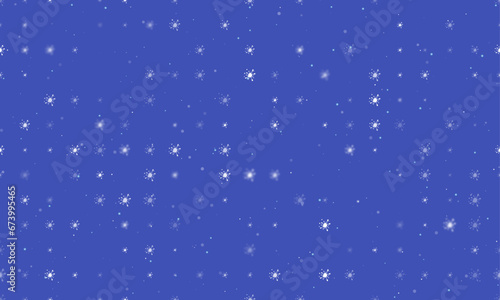 Seamless background pattern of evenly spaced white blot symbols of different sizes and opacity. Vector illustration on indigo background with stars