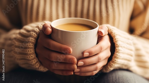 A tight shot of hands clasping a mug of java conveys a feeling of tranquility and contemplation.