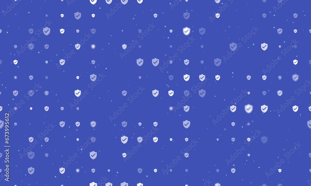 Seamless background pattern of evenly spaced white protection mark symbols of different sizes and opacity. Vector illustration on indigo background with stars