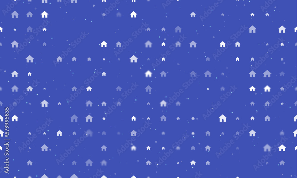 Seamless background pattern of evenly spaced white kennel symbols of different sizes and opacity. Vector illustration on indigo background with stars