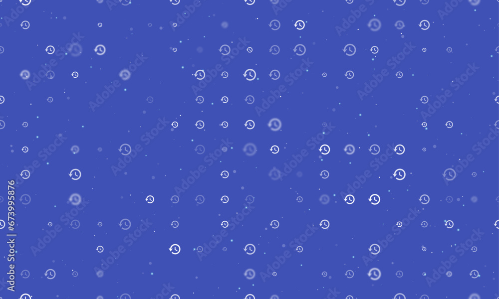 Seamless background pattern of evenly spaced white time back symbols of different sizes and opacity. Vector illustration on indigo background with stars