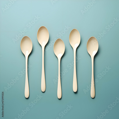 Plastic white spoons on blue background minimalism. High-resolution