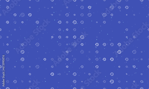 Seamless background pattern of evenly spaced white time back symbols of different sizes and opacity. Vector illustration on indigo background with stars