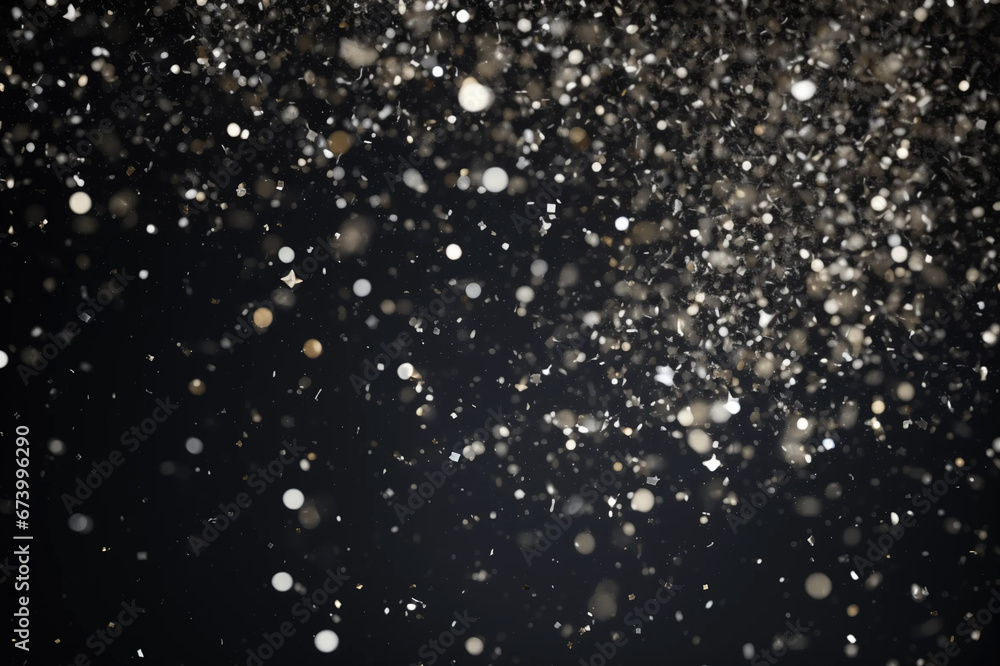 Obraz premium Glitter Confetti Gold Dust Falling Festive Celebration Wedding Anniversary Birthday Shining Particles Glowing Light Abstract Flying Texture Effects Glittering Blurred Motion Dark Silver Background