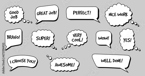 Set of balloon frame with text. Speech great job ok yeah awesome retro 2000s style. Vector illustration.