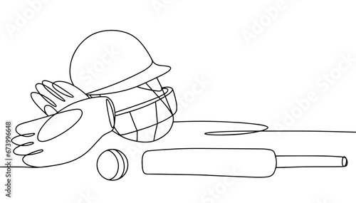 Cricket. Bat. Helmet. Ball. Gloves. One line