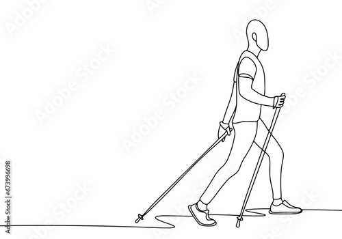 Man. Nordic walking. One line