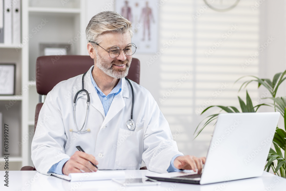 Mature experienced gray-haired doctor works remotely on paper work inside medical office inside clinic, doctor uses laptop at work, records data on patient. Mature experienced gray-haired doctor works remotely on paper work inside medical office inside clinic, doctor uses laptop at work, records data on patient.