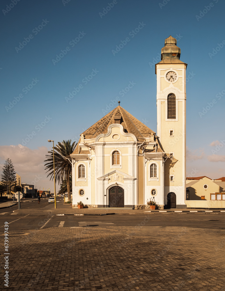 The German Evangelical Lutheran Church, Swakopmund, Namibia. The church was built in 1906 in neoclassical style to serve the expanding Lutheran community and still holds regular services today.