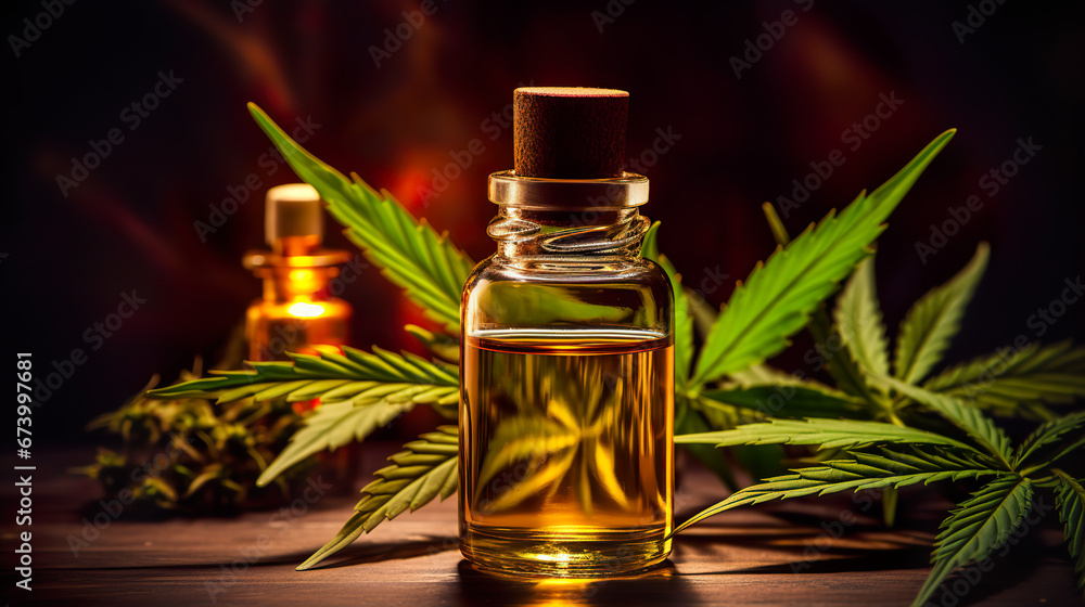 cannabis oil on wooden surface with green leaves cannabis oil on wooden surface with green leaves