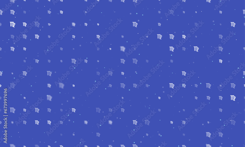 Seamless background pattern of evenly spaced white zodiac virgo symbols of different sizes and opacity. Vector illustration on indigo background with stars Seamless background pattern of evenly spaced white zodiac virgo symbols of different sizes and opacity. Vector illustration on indigo background with stars