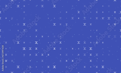 Seamless background pattern of evenly spaced white zodiac gemini symbols of different sizes and opacity. Vector illustration on indigo background with stars