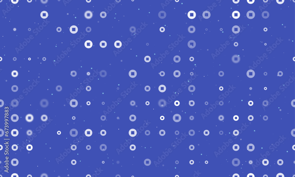 Seamless background pattern of evenly spaced white stop media symbols of different sizes and opacity. Vector illustration on indigo background with stars