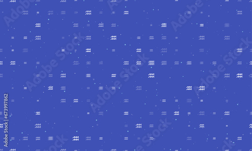 Seamless background pattern of evenly spaced white zodiac aquarius symbols of different sizes and opacity. Vector illustration on indigo background with stars
