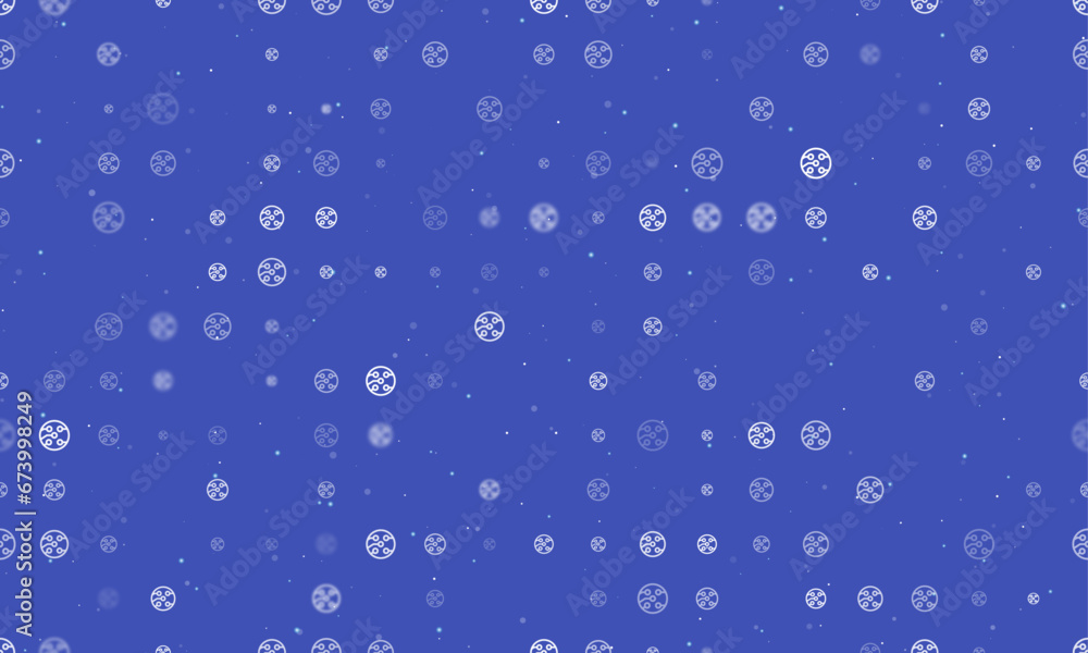 Seamless background pattern of evenly spaced white electrical board symbols of different sizes and opacity. Vector illustration on indigo background with stars