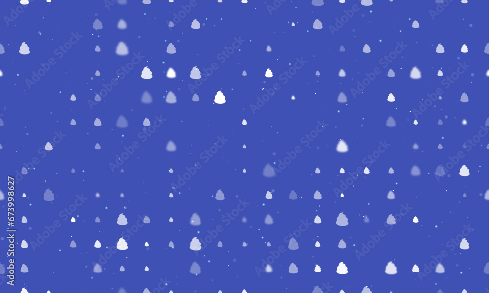 Seamless background pattern of evenly spaced white poop symbols of different sizes and opacity. Vector illustration on indigo background with stars Seamless background pattern of evenly spaced white poop symbols of different sizes and opacity. Vector illustration on indigo background with stars