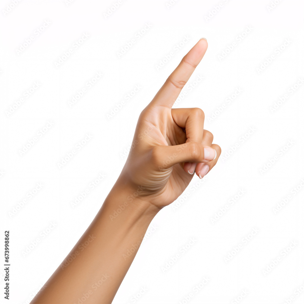 A female hand is directed upwards on an isolated, white backdrop. A female hand is directed upwards on an isolated, white backdrop.