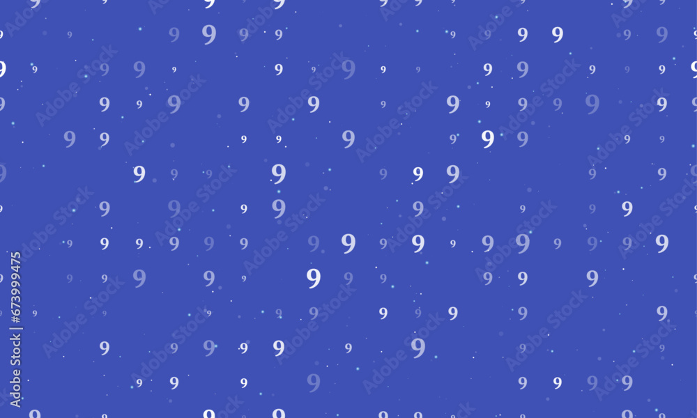 Seamless background pattern of evenly spaced white number nine symbols of different sizes and opacity. Vector illustration on indigo background with stars