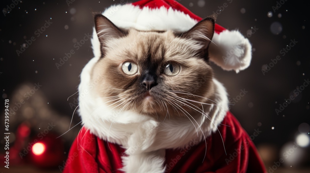 Siamese cat with beard of Santa Claus costume on the blurred lights background. Merry Christmas! Siamese. Horizontal banking poster background for ad. Photo AI Generated Siamese cat with beard of Santa Claus costume on the blurred lights background. Merry Christmas! Siamese. Horizontal banking poster background for ad. Photo AI Generated