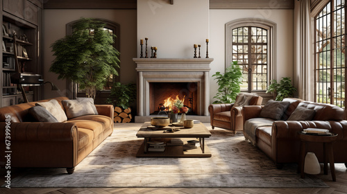 a warm and inviting family room with a brown leather sofa and a large area rug and a fireplace with a wood mantel © Textures & Patterns