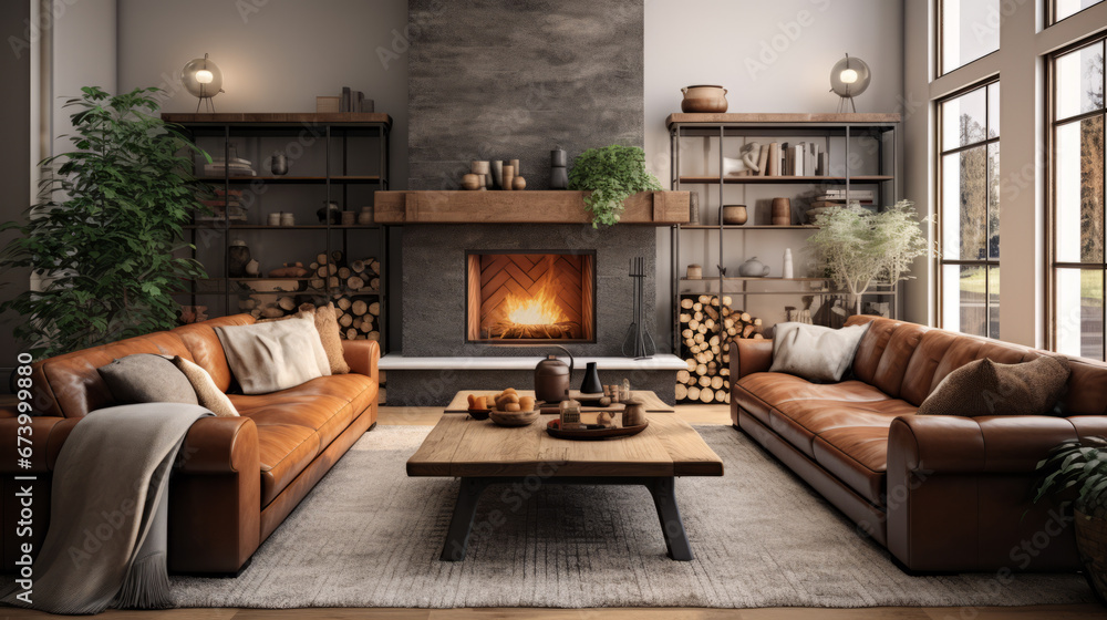 a warm and inviting family room with a brown leather sofa and a large area rug and a fireplace with a wood mantel - obrazy, fototapety, plakaty 