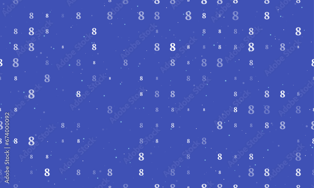 Seamless background pattern of evenly spaced white number eight symbols of different sizes and opacity. Vector illustration on indigo background with stars