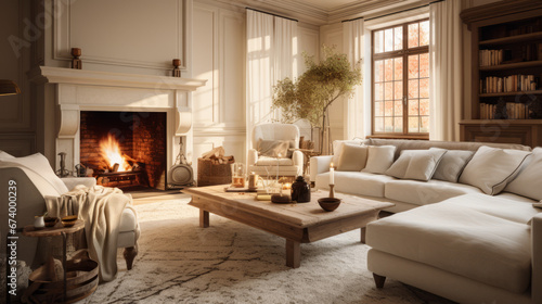 a warm and inviting living room with cream walls and a plush carpet and a large brick fireplace © Textures & Patterns