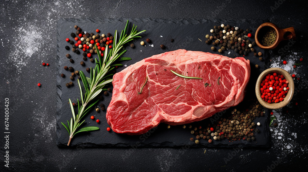 Beef steak - ribeye on slate black board top view, Variety of beef steak, spices, seasoning for cooking, grilling, black angus prime, striploin, rib eye, sirlion, view from above