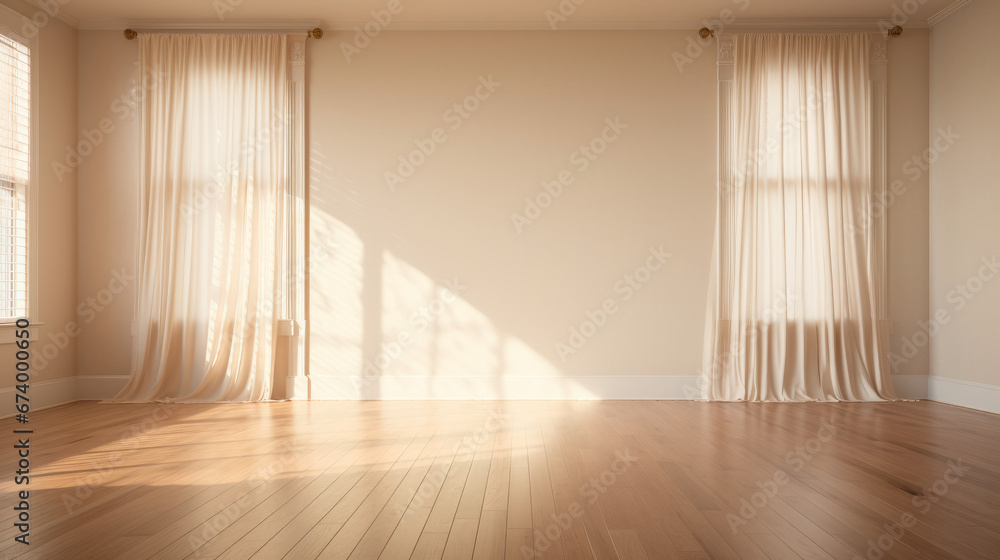 a warm and inviting room with beige walls and a hardwood floor and two large windows draped in light ivory curtains a warm and inviting room with beige walls and a hardwood floor and two large windows draped in light ivory curtains