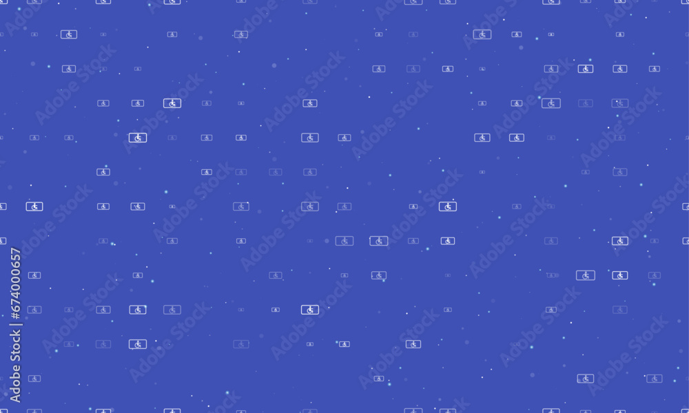 Seamless background pattern of evenly spaced white disabled road signs of different sizes and opacity. Vector illustration on indigo background with stars