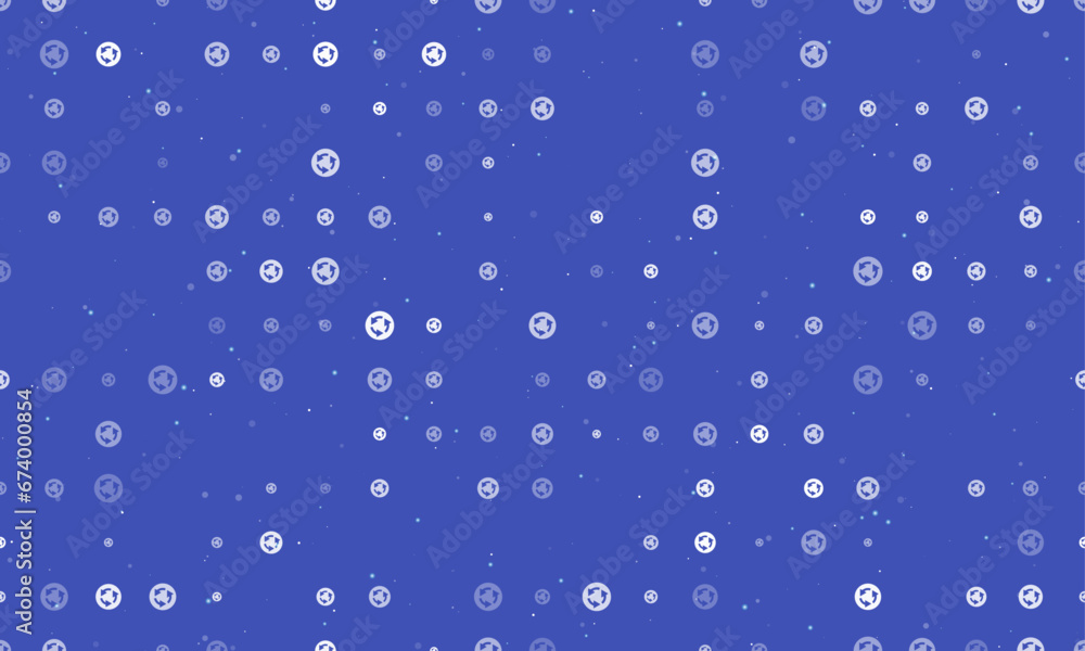 Seamless background pattern of evenly spaced white roundabout signs of different sizes and opacity. Vector illustration on indigo background with stars