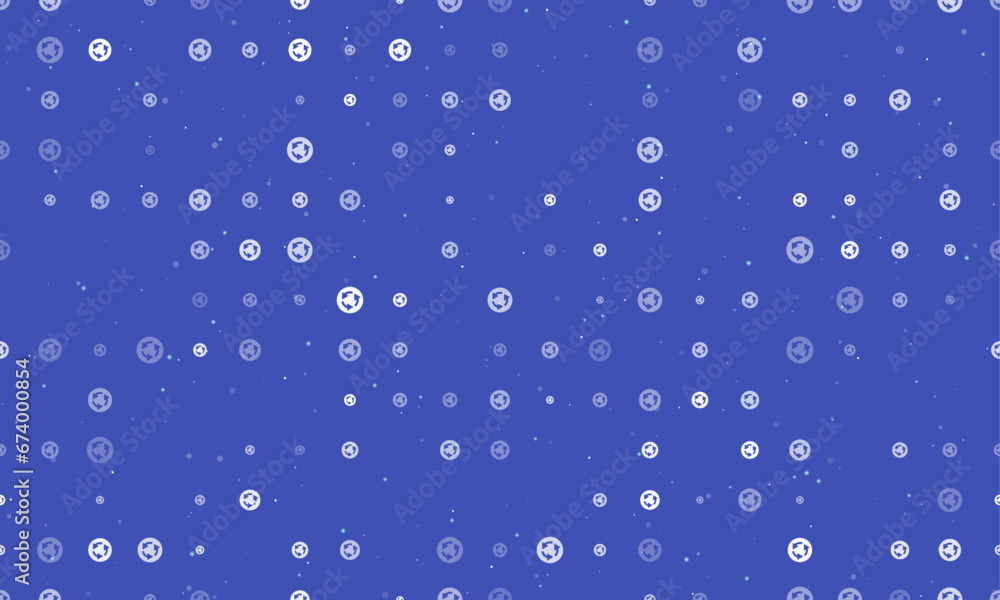 Seamless background pattern of evenly spaced white roundabout signs of different sizes and opacity. Vector illustration on indigo background with stars Seamless background pattern of evenly spaced white roundabout signs of different sizes and opacity. Vector illustration on indigo background with stars