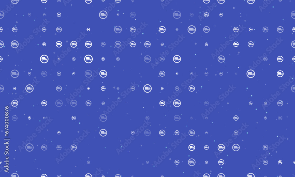 Seamless background pattern of evenly spaced white truck traffic signs of different sizes and opacity. Vector illustration on indigo background with stars