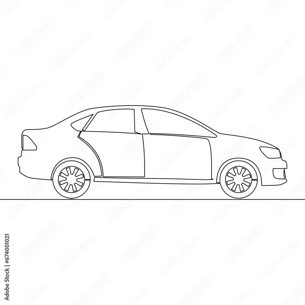 Continuous line drawing of side view of modern sedan car icon vector illustration concept