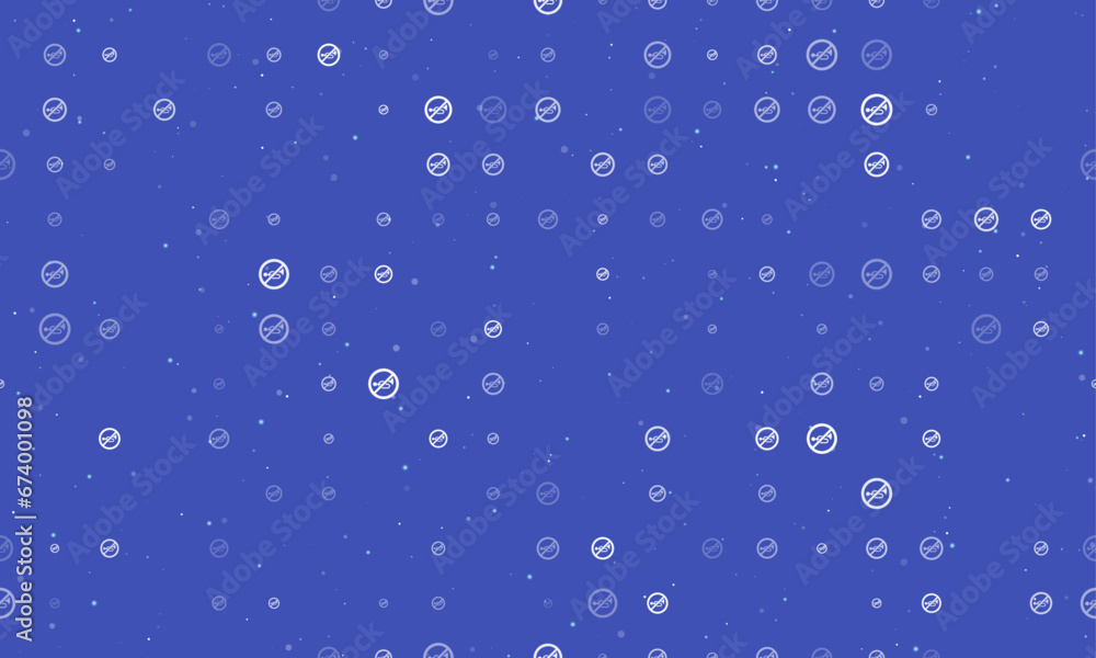 Seamless background pattern of evenly spaced white horning prohibited signs of different sizes and opacity. Vector illustration on indigo background with stars