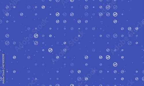 Seamless background pattern of evenly spaced white horning prohibited signs of different sizes and opacity. Vector illustration on indigo background with stars