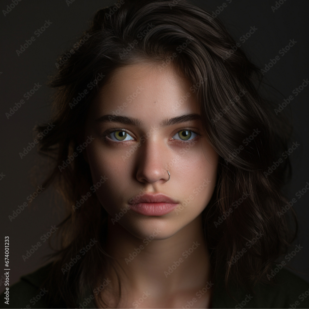 3/4 portrait image of a young woman, close up on head, simple dark brown hair, brown eyes, plump lips, solid color background, light contrast, indiferent and angry look, slightly looking down 3/4 portrait image of a young woman, close up on head, simple dark brown hair, brown eyes, plump lips, solid color background, light contrast, indiferent and angry look, slightly looking down
