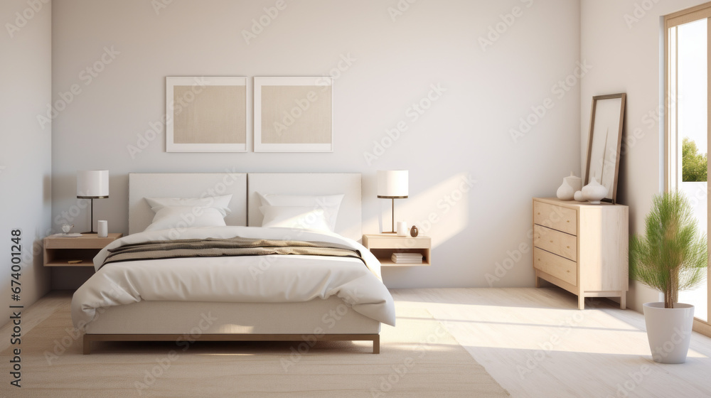 a warm bedroom with a queen-size bed and a white dresser and a white nightstand The walls are painted a light beige a warm bedroom with a queen-size bed and a white dresser and a white nightstand The walls are painted a light beige