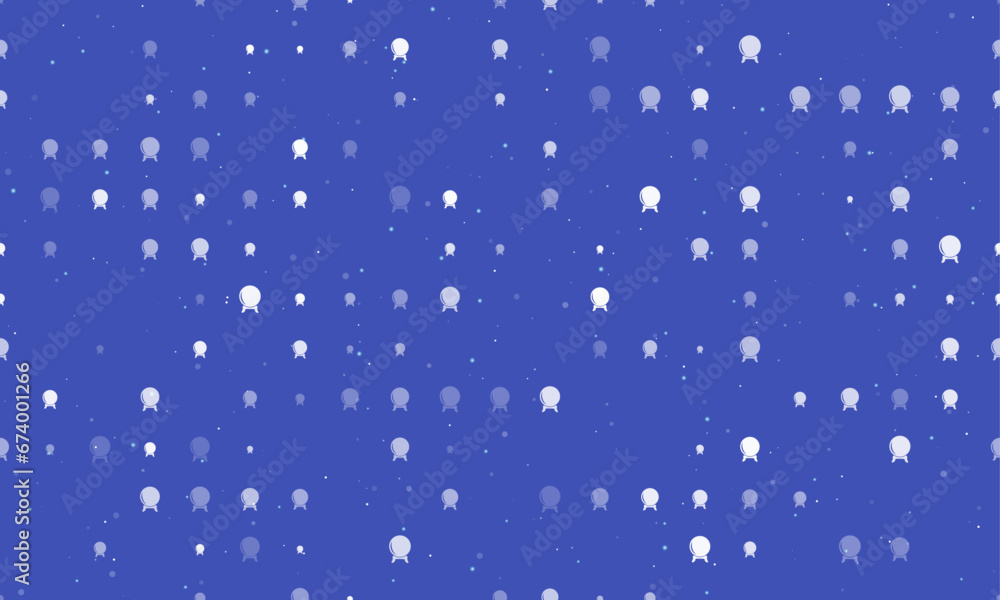 Seamless background pattern of evenly spaced white spirit ball symbols of different sizes and opacity. Vector illustration on indigo background with stars