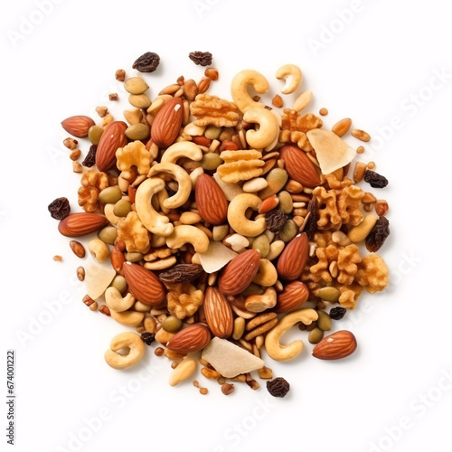 A helping of homemade nutty-prezel trail mix is set apart on a white background.