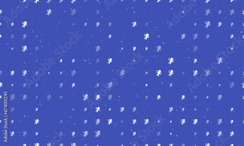 Seamless background pattern of evenly spaced white Voodoo Doll symbols of different sizes and opacity. Vector illustration on indigo background with stars