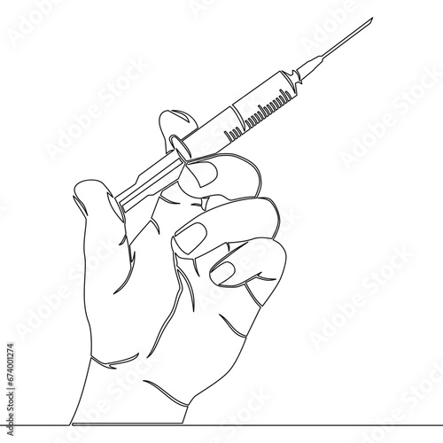 Continuous line drawing Hand holding syringe with needle Vaccination, health care injection. Medical concept
