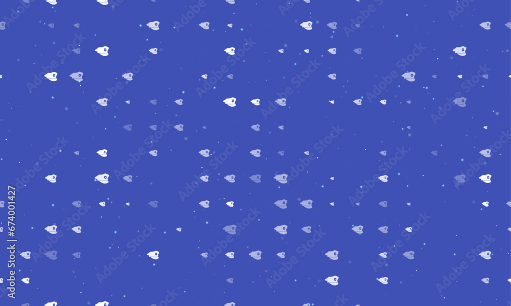 Seamless background pattern of evenly spaced white police cap symbols of different sizes and opacity. Vector illustration on indigo background with stars