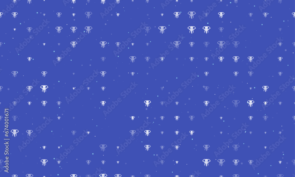 Seamless background pattern of evenly spaced white elephant heads of different sizes and opacity. Vector illustration on indigo background with stars Seamless background pattern of evenly spaced white elephant heads of different sizes and opacity. Vector illustration on indigo background with stars