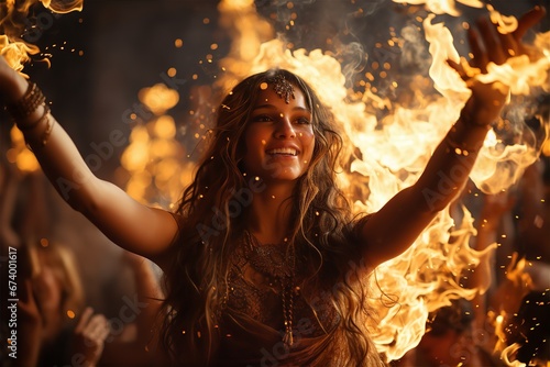 Festival of Fire - a beautiful woman with fire in her hair performs in front of a crowd, in the style of mythological references, Indian traditions, joyful chaos, sensual experience (Lohri, etc.)