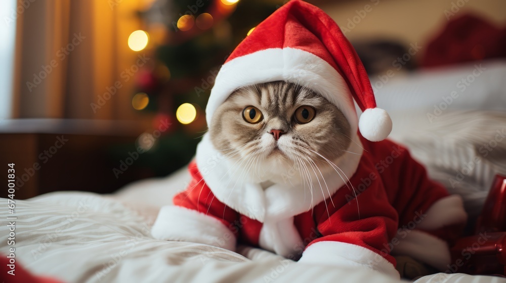 Scottish fold cat in Santa Claus costume portrait with a blurred lights background. Merry Christmas! Scottish fold. Horizontal banking background for web. Photo AI Generated Scottish fold cat in Santa Claus costume portrait with a blurred lights background. Merry Christmas! Scottish fold. Horizontal banking background for web. Photo AI Generated