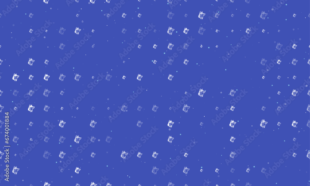 Seamless background pattern of evenly spaced white wolf heads of different sizes and opacity. Vector illustration on indigo background with stars Seamless background pattern of evenly spaced white wolf heads of different sizes and opacity. Vector illustration on indigo background with stars