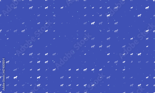 Seamless background pattern of evenly spaced white wolf symbols of different sizes and opacity. Vector illustration on indigo background with stars