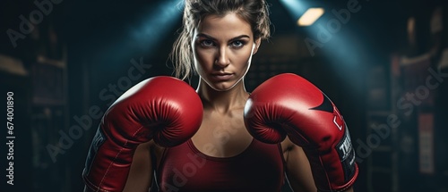 A young female fighter with red boxing gloves looking at the camera © Alvaro
